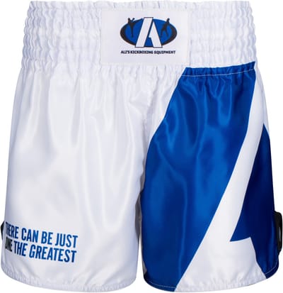 Ali’s Fightgear "Legacy" – Kickboksbroekje / Fightshort – Maat M – Heren & Dames – MMA & Boksen – Training & Wedstrijden – Blauw / Wit