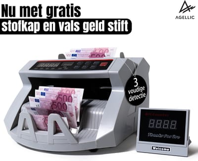 Agellic® Geldtelmachine – Biljettelmachine – 3-voudige vals geld detectie – 1000 biljetten per minuut – Geldteller – Valsgelddetector – Incl. Stofhoes en Vals geld stift - Geld Teller