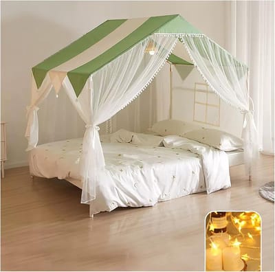 Muggennet Hemelbed - Klamboe Kinderbed - Slaapkamer Decoratie - Kasteel Design Met Lichtjes - 120x200 cm - Groen