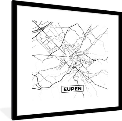 Fotolijst incl. Poster Zwart Wit- Kaart – Plattegrond – Stadskaart – Eupen – België – Zwart Wit - 40x40 cm - Posterlijst