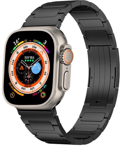 Titanium bandje - geschikt voor Apple Watch series 1/2/3/4/5/6/7/8/9/10/11/ SE (1,2,3) / Ultra (1,2,3) met maat 44 mm / 45 mm / 46 mm / 49 mm - schakelband met vlindersluiting - zwart