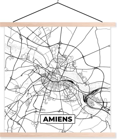 Posterhanger incl. Poster 40x40 cm - Schoolplaat - Amiens - Kaart - Plattegrond - Frankrijk - Stadskaart - Zwart wit - Textielposter - Blanke latten - Stadskaart
