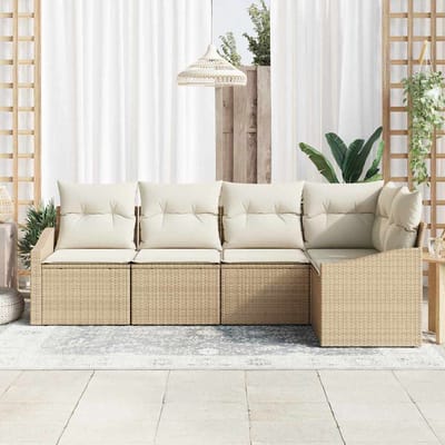 vidaXL - Tuinbank - Set - 5 - st - Beige - en - Wit - poly - rattan