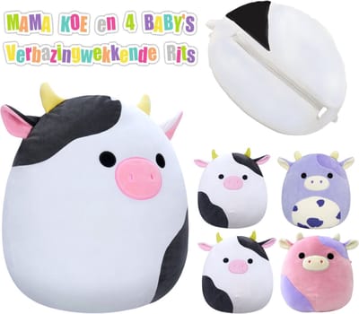 Klikkopers® - Kawaii knuffel Met Baby's - Squish Knuffel - Koe Squishy - Kawaii Kussen - Kawaii Koe Knuffel - 30 cm