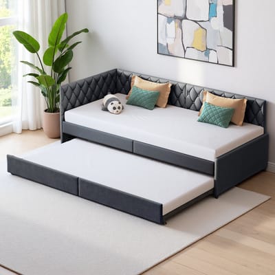 Gestoffeerde slaapbank 90 x 200 cm met uittrekbaar bed, eenpersoonsbed, slaapbank, slaapbankframe met lattenbodem, grijs (zonder matras)
