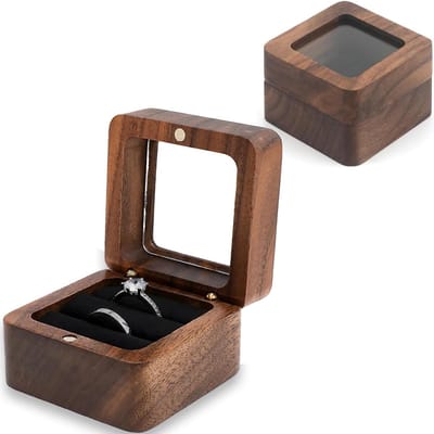 Walnoten ringdoos met dubbele ringhouder, vierkant ontwerp met transparante venster en fluwelen voering, perfect voor trouwringen en sieradenopslag