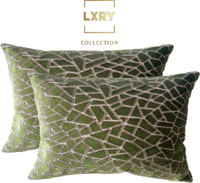 Zippi Design Cape Town LXRY set - velvet groen met grijs diepe print - Luxe handgemaakte designkussens met eenden veren vullingen - maten 2x 40x60 cm