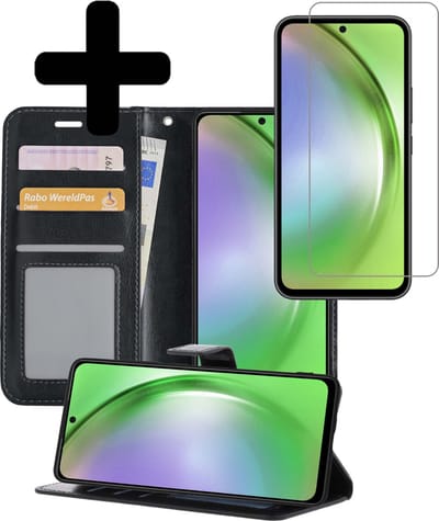 Hoesje - Met Screenprotector - Geschikt voor Samsung Galaxy A54 - Luxe Pasjeshouder - Bookcase Portemonee - Flip Case - Kunstleer Book Case - Flipcase - Book Cover - Walletcase - Portemonneehoes - Telefoonhoesjes - Zwart