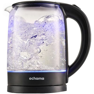 Ochama glazen elektrische waterkoker, huishoudelijke waterkoker van 1,7 l, hoogborosilicaatglas, transparante warmwaterkoker met blauw licht,