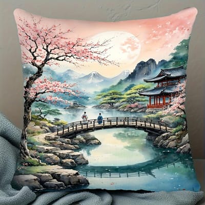 Japanse Tuin Kussensloop, Sakura Boom Landschap Kussensloop, Aziatische Pagode Maan Decoratie, Bank Plaid Kussen 60x60cm