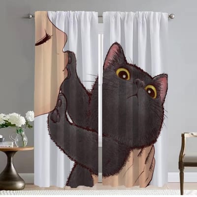 Kat Halloween Decoratie Verduisterende Gordijnen voor Camera Woonkamer Gordijn Anti-muggengordijnen 2 Stuks Tule voor Slaapkamer Thuis W50xH70cmx2pcs-CL black