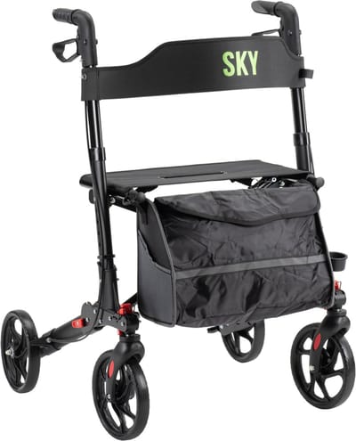 Sky - Lichtgewicht rollator - Zwart - Dubbel opvouwbaar - Met stokhouder, tas en rugband