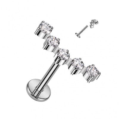 Piercing titanium 5 gemmed ronde top 1.2x8 - zilver - LMPiercings