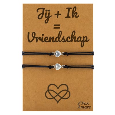 Vriendschapsarmbandjes voor 2 "Jij + Ik = Vriendschap" - Kleine Hartjes - BFF Armbandjes met Cadeau Kaartje - Zwart & Zilverkleurig - Elastisch Verstelbaar - Pax Amare