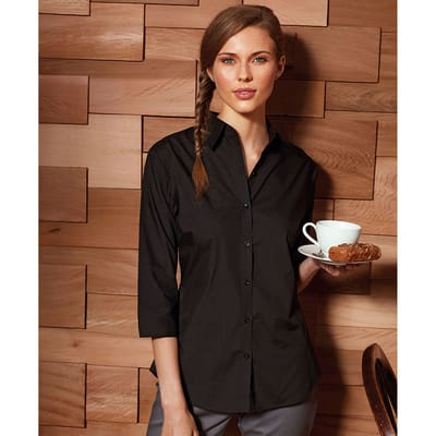 Premier Dames/Dames Popeline 3/4 Mouwen Blouse (Zwart)