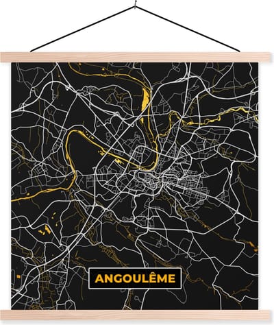 Posterhanger incl. Poster 40x40 cm - Schoolplaat - Kaart - Plattegrond - Frankrijk - Angoulême - Stadskaart - Textielposter - Blanke latten - Stadskaart