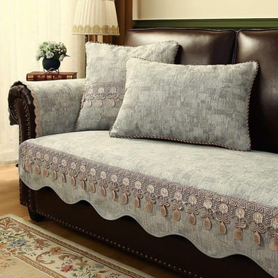 Chinese Geborduurde Bankkussen Kussensloop Antislip Chenille Bankhanddoek Verdikt Slijtvast Kantrand Groene Bankhoes 60x60cm 1pcs
