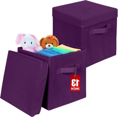 Vouwbare Opbergdozen van Stof, 2 Stuks met Deksel, Ideaal voor Kleding en Speelgoed, 33 x 33 x 33 cm, Donkerpaars