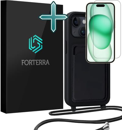 Hoesje Geschikt voor iPhone 15 Plus Pashouder Case Siliconen Hoes Met Koord Met Screenprotector - Hoes Geschikt voor iPhone 15 Plus Met Telefoonkoord Hoesje Back Cover Met Pasjeshouder - Zwart