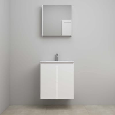 On-Line Badkamermeubelset - 60 cm - Bouwpakket - Greeploos 2 Deuren - Porseleinen Wastafel - 1 Kraangat - Spiegelkast - Hoogglans Wit