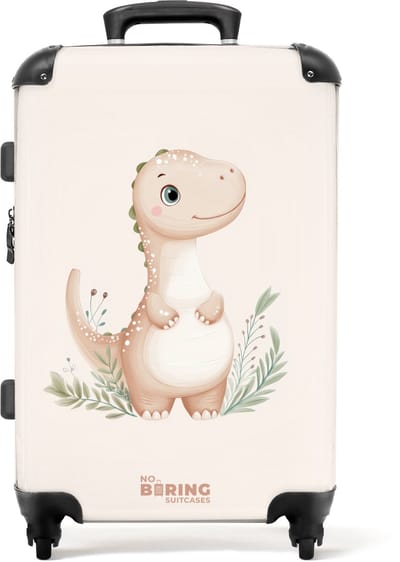NoBoringSuitcases.com® - Kinderkoffer jongen - Kindertrolley jongens - Beige dinosaurus met groene blaadjes - Koffer kind groot - Rolkoffer lichtgewicht - Reiskoffer met 4 wielen - Grote trolley XL - 20 kg bagage