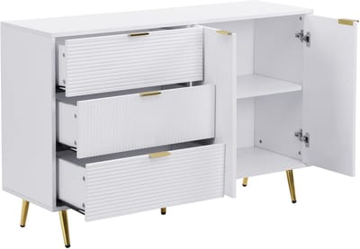 REDOM Sideboard wit met gouden poten en grepen · 3 ruime laden en 2 deuren met binnenplanken · golvend reliëf en verfijnde lijnen