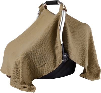 Autostoelhoes voor baby's - Zachte, ademende katoenen mousseline - 85*100 cm - Lichtgewicht luifel voor bescherming tegen zon, insecten en comfort - Past op de meeste kinderwagens en autostoeltjes voor baby's - Koffie