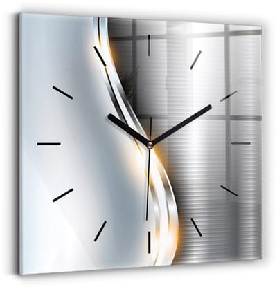 Wallfluent Wandklok - Metaalabstractie Klok met Afbeelding - 30 cm x 30 cm - Zilver Wandklok - Zwarte Handen - Wandklok Zonder Cijfers - Wandklok voor in de Keuken - Vierkante Glazen Klok - Industrieel Wandklok - Unieke Wandklok