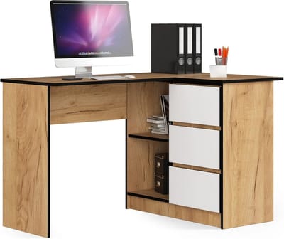 Hoekbureau met Ladeblok en Plank voor Thuiswerkplek, 124 cm Breed