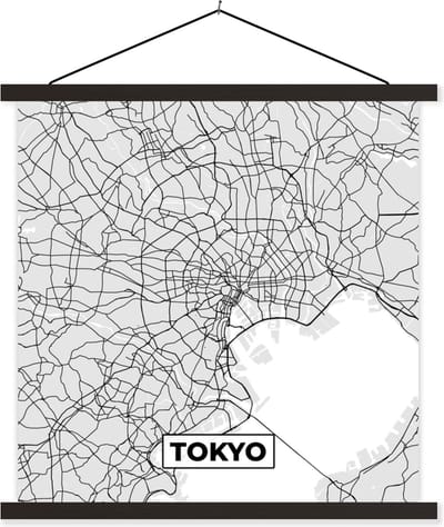 Posterhanger incl. Poster 60x60 cm - Schoolplaat - Tokyo - Stadskaart - Zwart Wit - Plattegrond - Kaart - Textielposter - Zwarte latten - Stadskaart