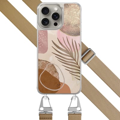 Hoesje met beige koord - Geschikt voor iPhone 15 Pro Max - Abstract blush shapes - Verstelbaar & verwisselbaar koord - TPU backcover - Roze, Beige - Leuke Telefoonhoesjes