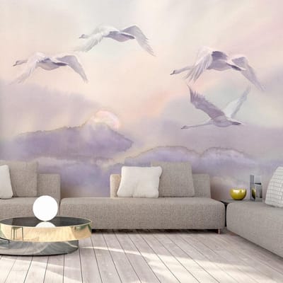 350cm X 245cm - Fotobehang - Vliegende Zwanen, premium print vliesbehang
