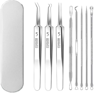 Dailygoods- Mee-eterverwijderaar Professionele Set - Roestvrijstalen Puistjespopper - Comedone Extractor - Acne Verwijderaar - Whiteheads Verwijderaar - 8 Stuks Set