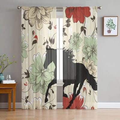 Kleurrijke Bloemen Paard Raamgordijn voor Slaapkamer Transparant Gordijn voor Woonkamer Luxe Tule Gordijn voor Keuken 135W x 114H(cm) white