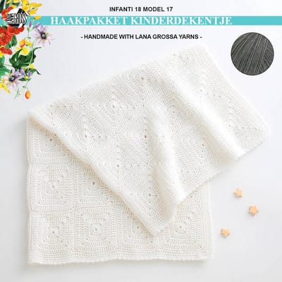 Haakpakket deken-kinderdekentje-kado-kraamcadeau- granny square met Ecopuno garen model 17 van Infanti 18-taupe