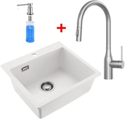 CECIPA max Spoelbak Keuken 50x45CM - Graniet Spoelbakken Met Uittrekbare Uitloop Keukenkraan en Zeepdispenser 300ML - Enkele spoelbak Wit - Met waterafvoersysteem - Voor 50 cm kast