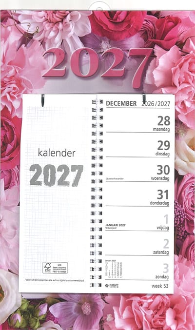 MGPcards - Omlegweekkalender 2027 - Week begint op maandag - 21 x 34 cm - Bloemen - Roze