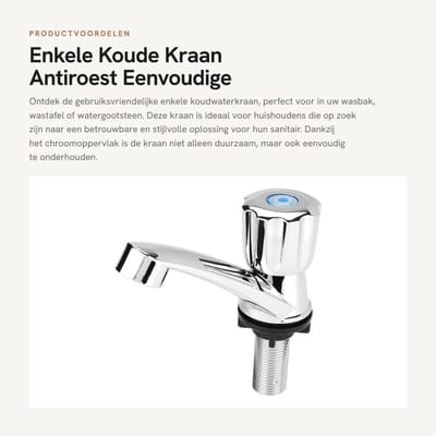 Dailygoods- Koudwaterkraan Antiroest - Enkele Koudwaterkraan - Wastafelkraan - Waterkraan - Eenvoudig te installeren - G1/2 Draadverbinding