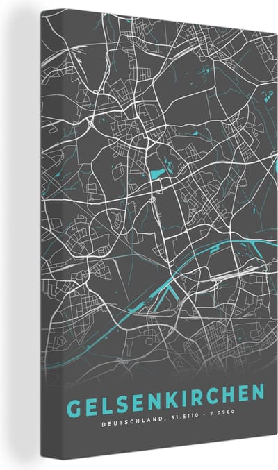 Canvas Schilderij Duitsland – Blauw – Gelsenkirchen – Stadskaart – Kaart – Plattegrond - 20x30 cm - Wanddecoratie