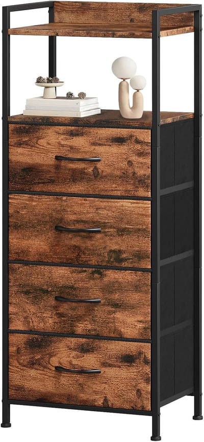 ladekast met stoffen laden, dressoir met open plank, commode met stalen frame, opbergkast voor slaapkamer, woonkamer, Houtnervoorstelling, 29D x 38,7B x 92,3H (4 laden)