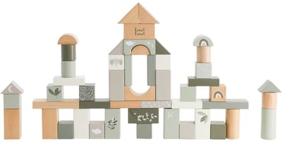 Label Label Houten Blokken in Ton - Houten Blokkenset - Inclusief 50 Blokken met Verschillende Vormen en Figuurtjes - Stimuleert Fantasie en Hand-Oogcoördinatie - Vanaf 2 Jaar - Olijfgroen
