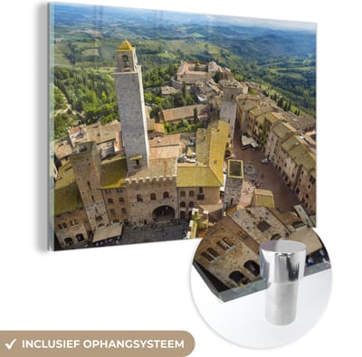® Glasschilderij 180x120 cm - Schilderij acrylglas - San Gimignano van bovenaf bij Toscanië in Italië - Foto op glas - Muurdecoratie woonkamer - Wanddecoratie slaapkamer - Schilderijen