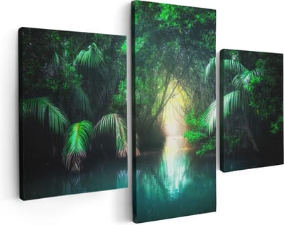 Artaza Canvas Schilderij Drieluik Tropische Jungle Met Een Turquoise Meer - 90x60 cm - Wanddecoratie Woonkamer - Schilderijen - Muurdecoratie