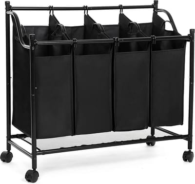 Wasmand met 4 vakken, wassorteerder, wasverzamelaar, met wielen, afneembare zakken, speelgoedopslag, 4 x 35 liter, zwart LSF005