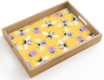 Dienblad hout 40x30 cm - Schootdienblad - Insecten - Patroon - Geel - Paars - Kleurrijk - Borrelplank rechthoek - Plateau dienbladen