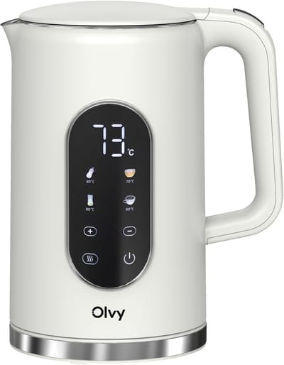 Olvy Waterkoker met Temperatuurregeling - Crème - Warmhoudfunctie - RVS - Dubbelwandig - Elektrisch - 1.7 Liter - 2200W