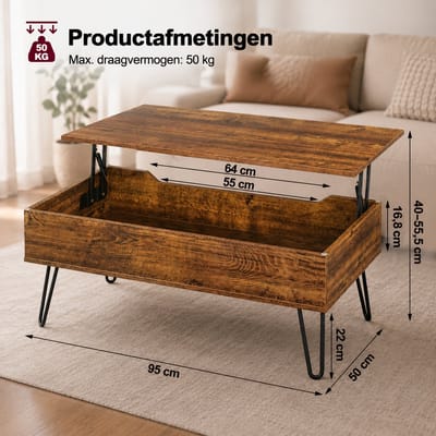 Sello! salontafel – lage tafel – hefblad – verborgen opbergruimte – hefsysteem – industrieel - vintage – houtlook – zwart