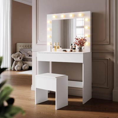 Kaptafel met kruk - Make-up tafel - Snel opmaken - Verstelbare LED verlichting - 80x40x140 cm - Wit