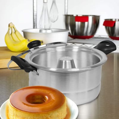 Bene Casa - Aluminium Flan Mold Dubbele Boiler met Glazen Deksel (1,6 Liter) - Inclusief Aluminium Binnenpan (8") - Vaatwasmachinebestendig