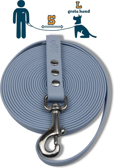 Miqdi lange lijn – BioThane ® - pastel blauw - 5 meter lang - 19 mm breed - L/XL - grote hond - lange hondenriem